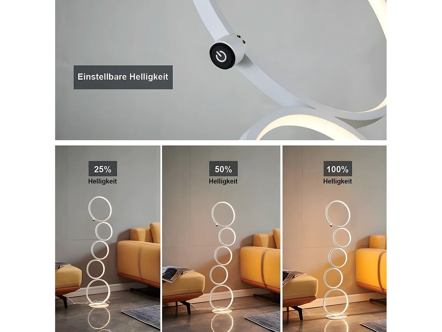 NETTLIFE moderne witte LED - lamp met 32W warm wit, aan - aan - uit - drukknop, opstaande lamp met 5 ringen voor woonkamer of kantoor.