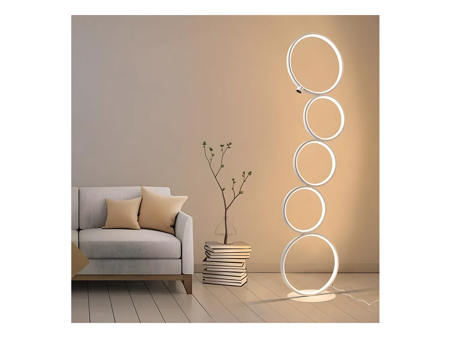 NETTLIFE moderne weiße Leuchtstofflampe, 32 W, warmweiß, mit taktilem Schalter, Stehleuchte mit 5 Ringen für Wohnzimmer und Büro.