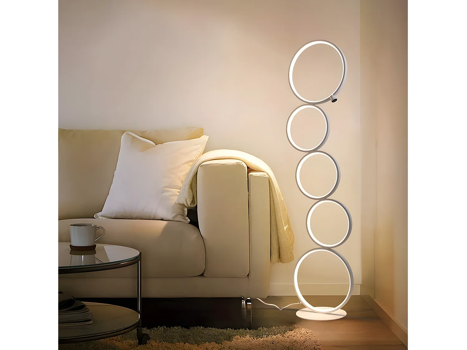 NETTLIFE LED Lampadaire Moderne Blanc 32W blanc chaud Interrupteur tactile Lampadaire Sur Pied avec 5 anneaux pour salon bureau