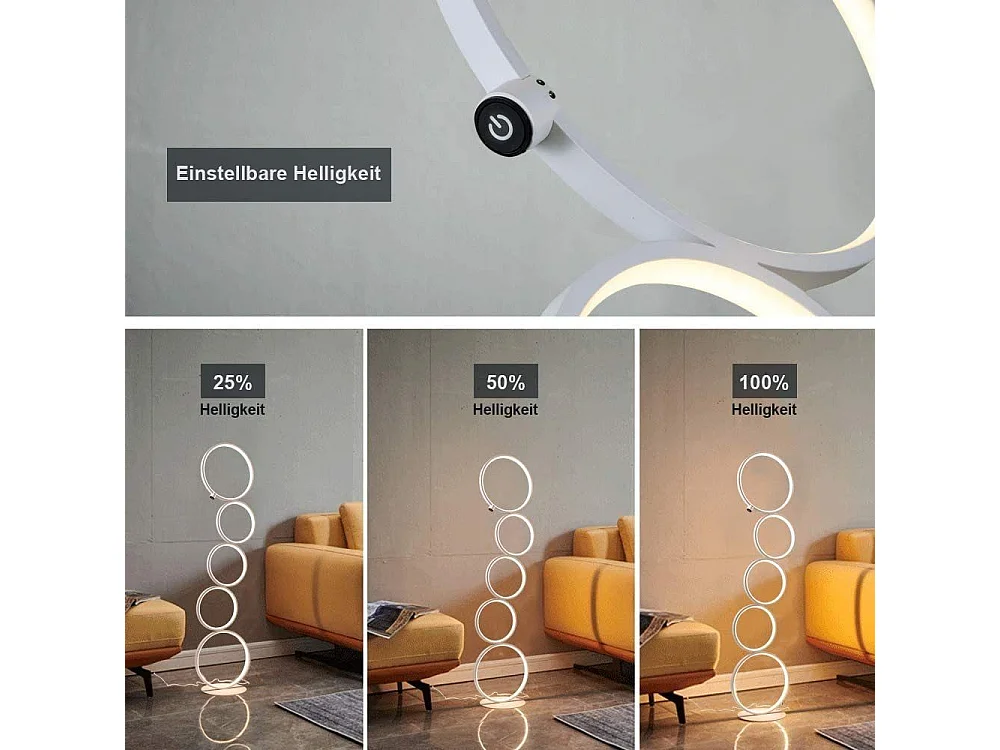 NETTLIFE moderne witte LED - lamp met 32W warm wit, aan - aan - uit - drukknop, opstaande lamp met 5 ringen voor woonkamer of kantoor.