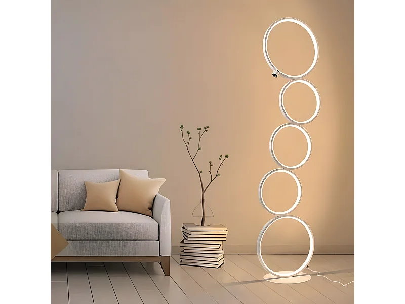 NETTLIFE moderne witte LED - lamp met 32W warm wit, aan - aan - uit - drukknop, opstaande lamp met 5 ringen voor woonkamer of kantoor.