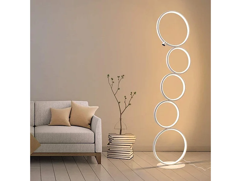 NETTLIFE LED Lampadaire Moderne Blanc 32W blanc chaud Interrupteur tactile Lampadaire Sur Pied avec 5 anneaux pour salon bureau