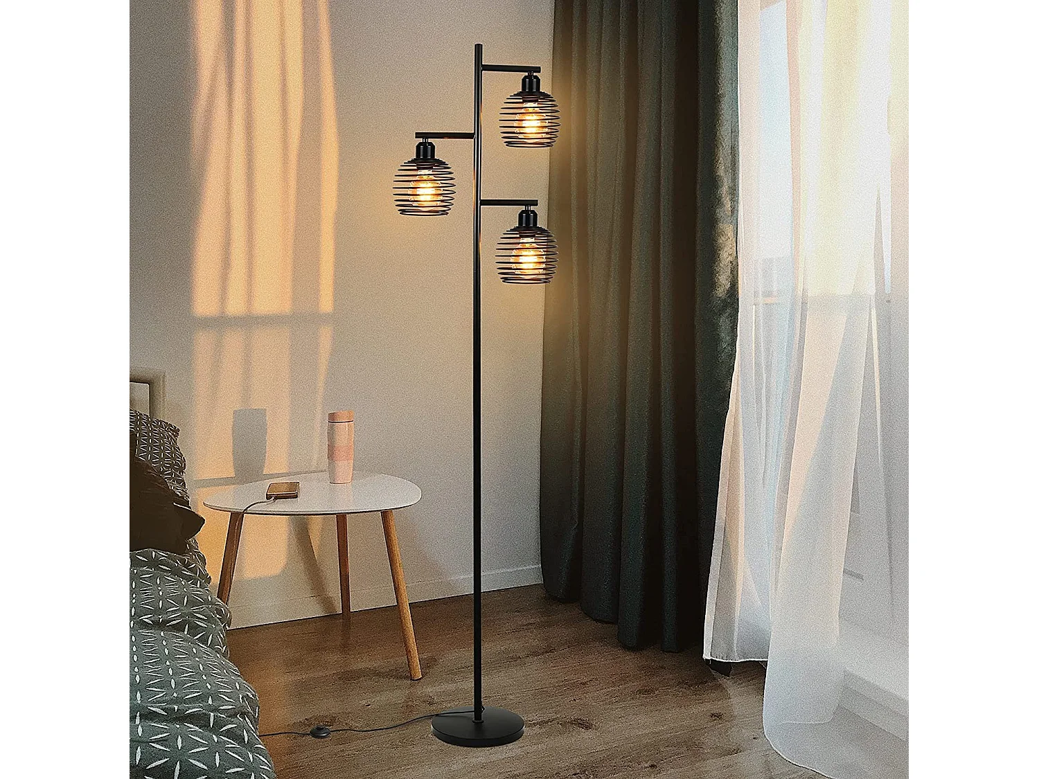 NETTLIFE Lampadaire Salon Vintage -  e27 3 flammes 25W noir industriel Lampe sur pied 152CM avc interrupteur à pied