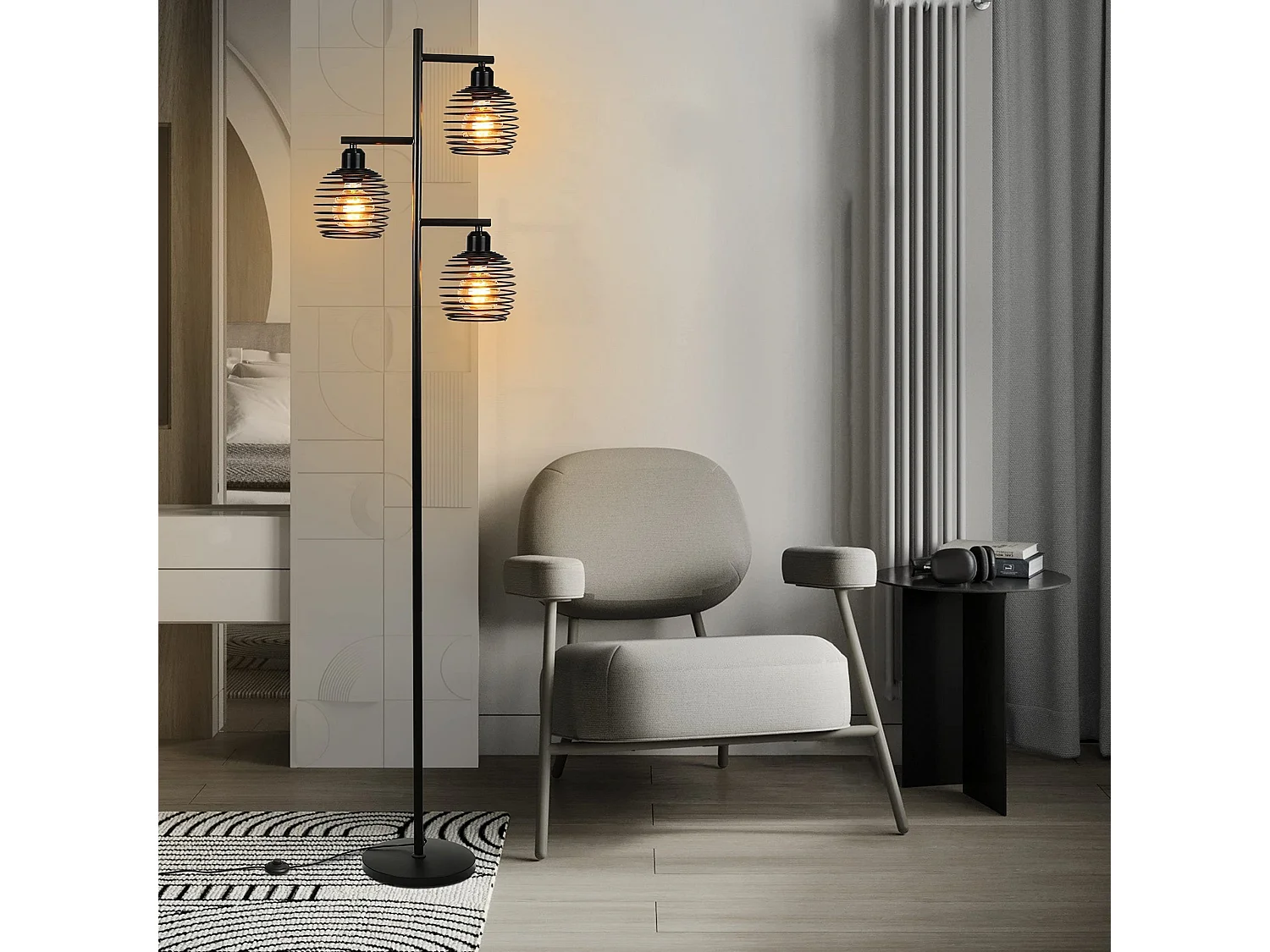 NETTLIFE Lampadaire Salon Vintage -  e27 3 flammes 25W noir industriel Lampe sur pied 152CM avc interrupteur à pied