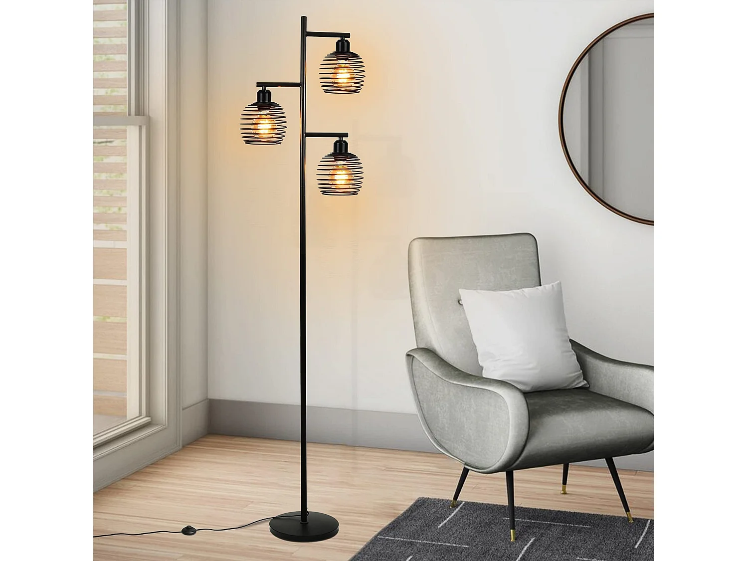 NETTLIFE Lampadaire Salon Vintage -  e27 3 flammes 25W noir industriel Lampe sur pied 152CM avc interrupteur à pied