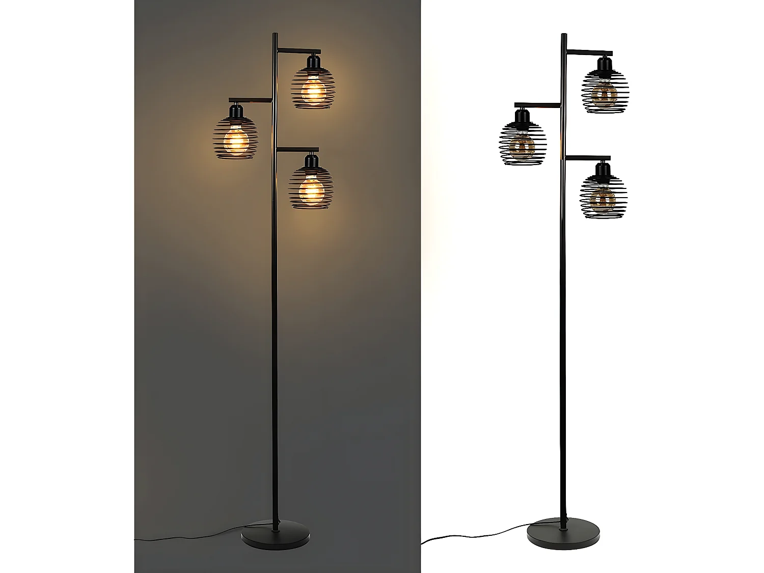 NETTLIFE Lampadaire Salon Vintage -  e27 3 flammes 25W noir industriel Lampe sur pied 152CM avc interrupteur à pied