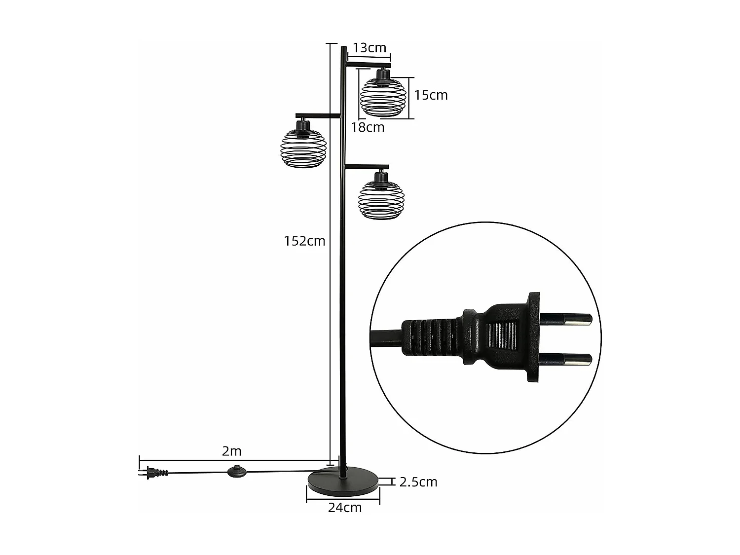 NETTLIFE Lampadaire Salon Vintage -  e27 3 flammes 25W noir industriel Lampe sur pied 152CM avc interrupteur à pied