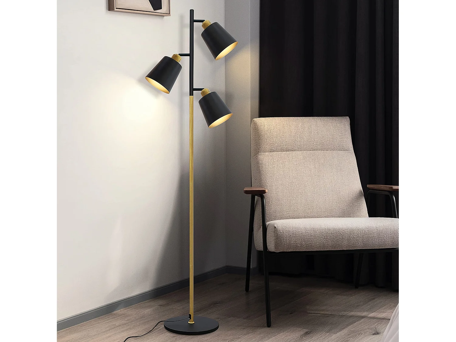 NETTLIFE Vintage Stehleuchte Schwarz Wohnzimmer verstellbar 3 flammig Metall Holzoptik Modern Stehlampe E27 Fassung max 25W, Höhe: 166cm