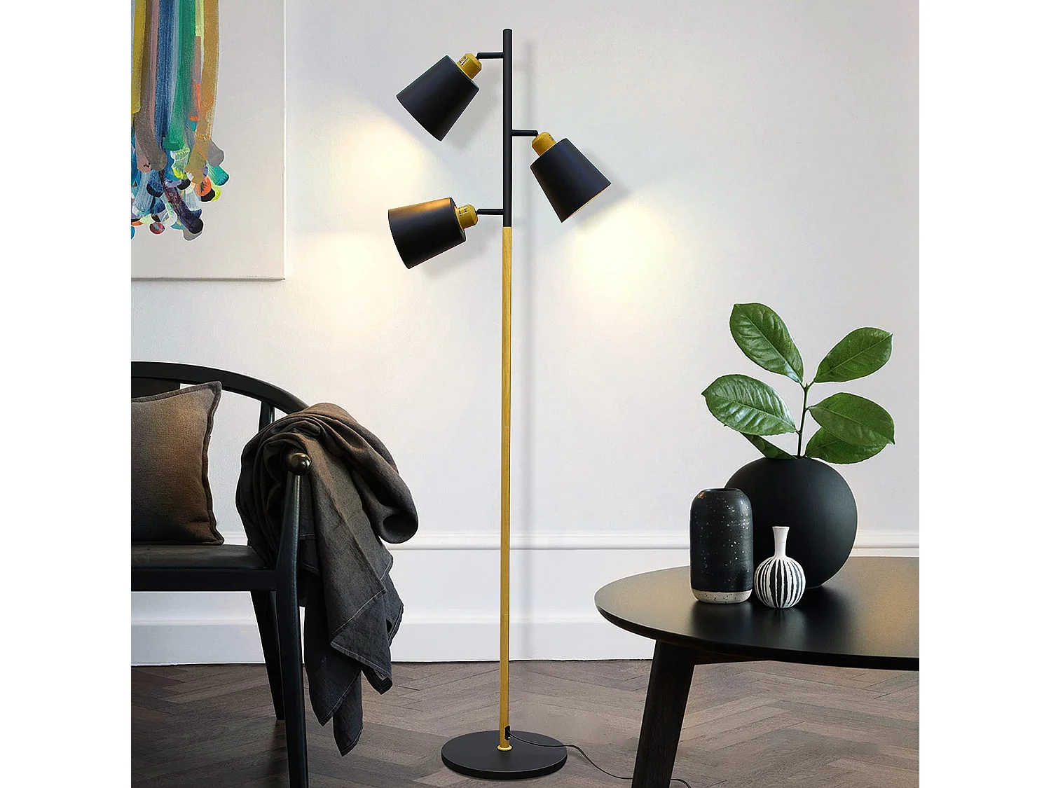 NETTLIFE Vintage Stehleuchte Schwarz Wohnzimmer verstellbar 3 flammig Metall Holzoptik Modern Stehlampe E27 Fassung max 25W, Höhe: 166cm