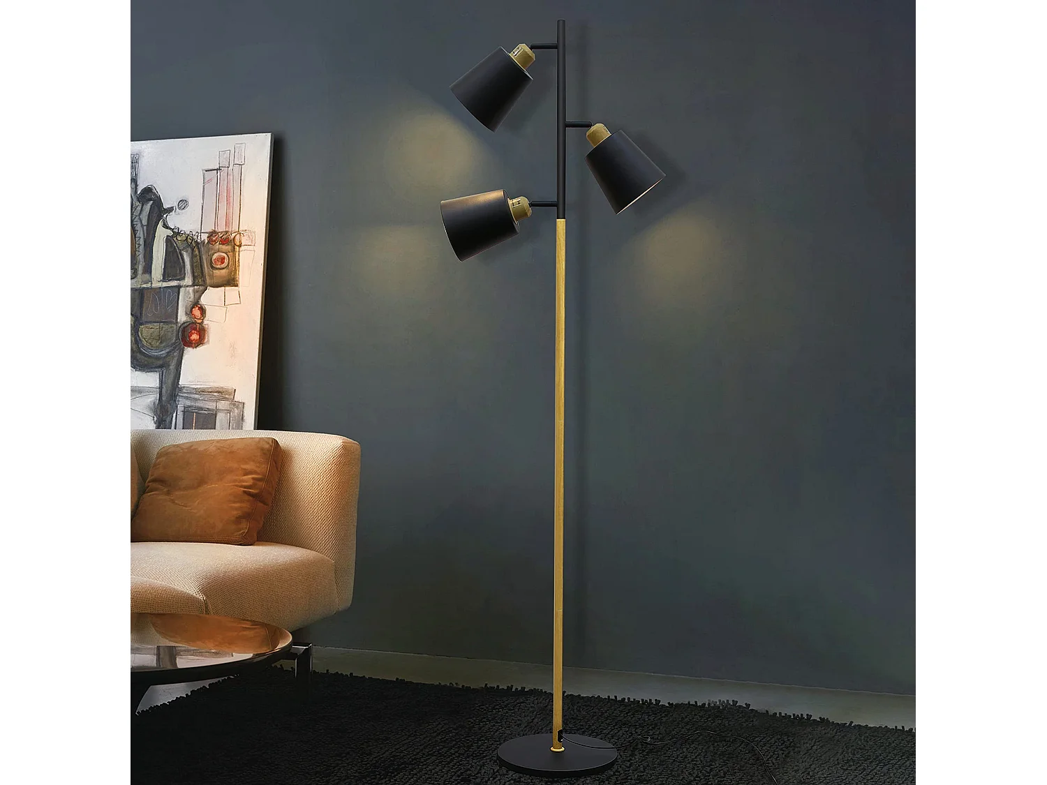 NETTLIFE Vintage Stehleuchte Schwarz Wohnzimmer verstellbar 3 flammig Metall Holzoptik Modern Stehlampe E27 Fassung max 25W, Höhe: 166cm