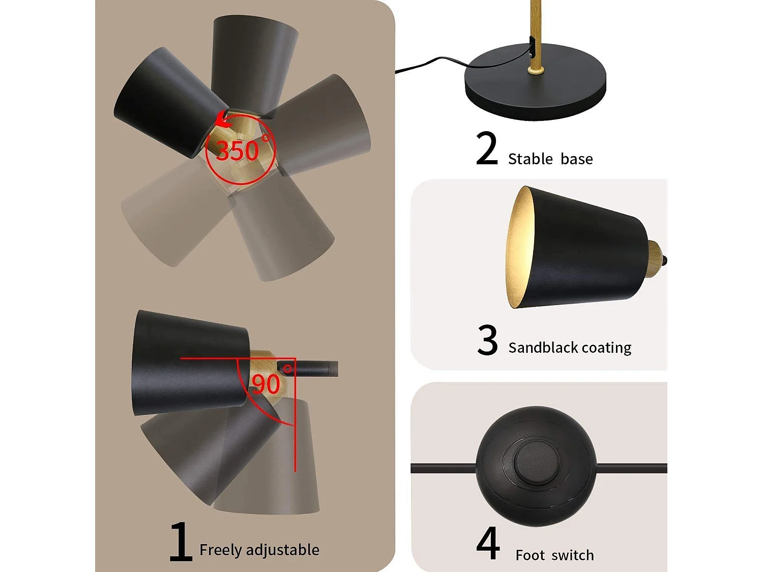 NETTLIFE Vintage Stehleuchte Schwarz Wohnzimmer verstellbar 3 flammig Metall Holzoptik Modern Stehlampe E27 Fassung max 25W, Höhe: 166cm