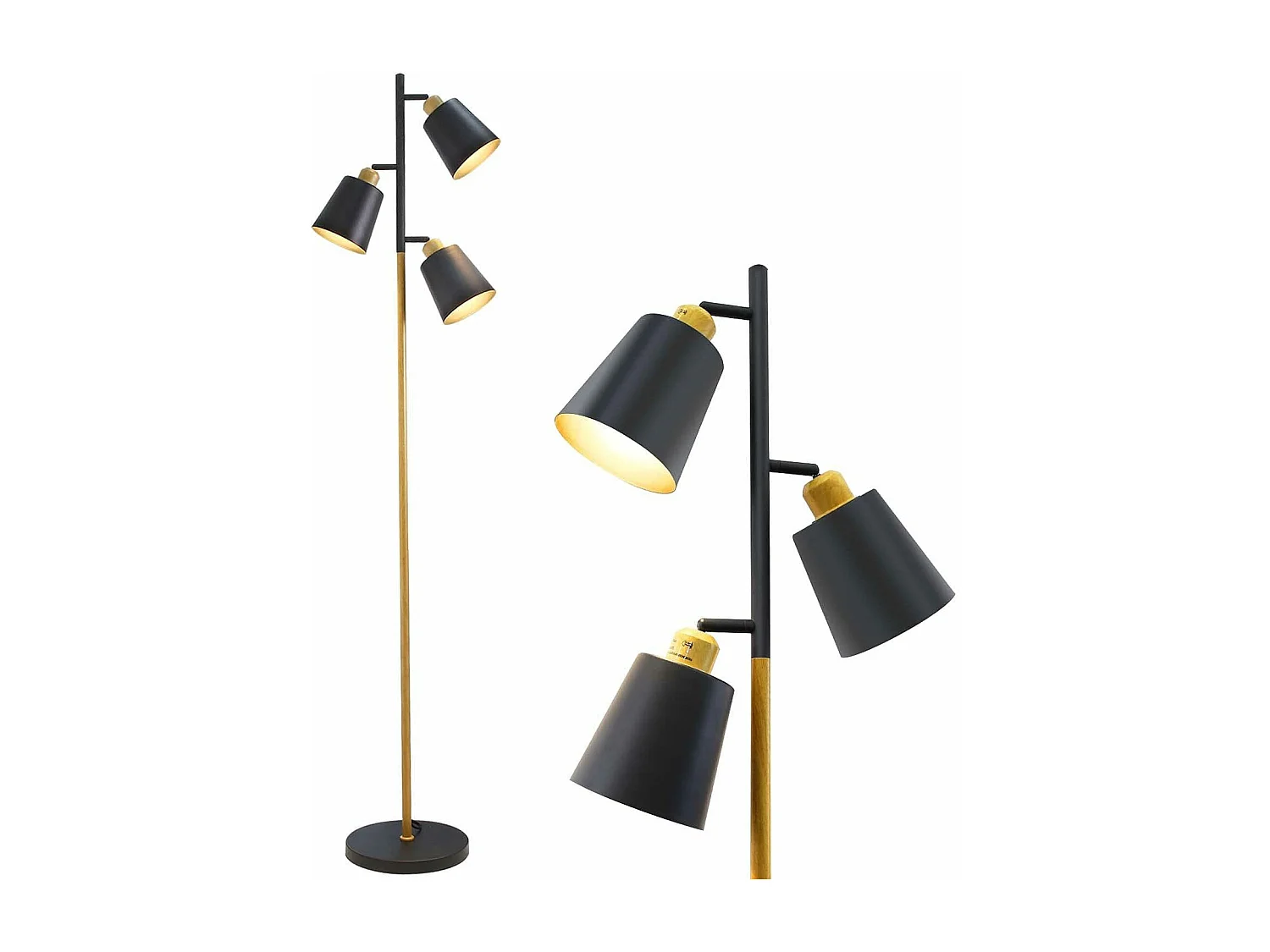 NETTLIFE Vintage Stehleuchte Schwarz Wohnzimmer verstellbar 3 flammig Metall Holzoptik Modern Stehlampe E27 Fassung max 25W, Höhe: 166cm