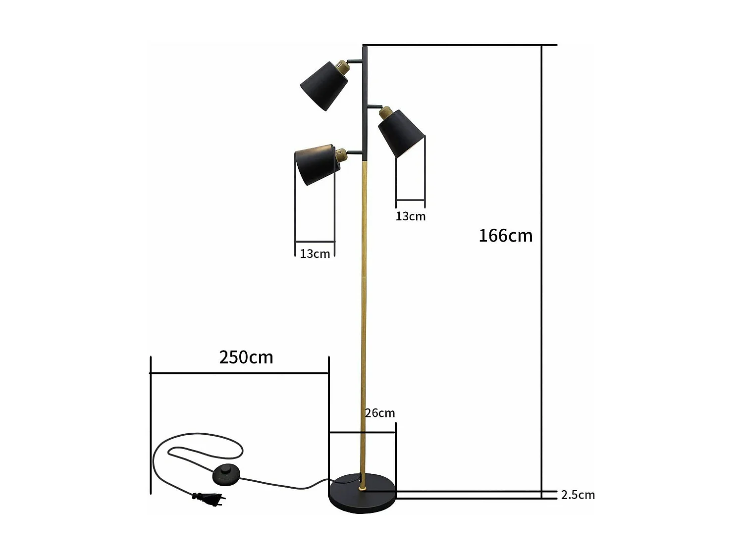 NETTLIFE Vintage Stehleuchte Schwarz Wohnzimmer verstellbar 3 flammig Metall Holzoptik Modern Stehlampe E27 Fassung max 25W, Höhe: 166cm
