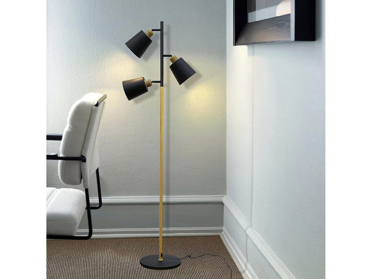 NETTLIFE Vintage Stehleuchte Schwarz Wohnzimmer verstellbar 3 flammig Metall Holzoptik Modern Stehlampe E27 Fassung max 25W, Höhe: 166cm
