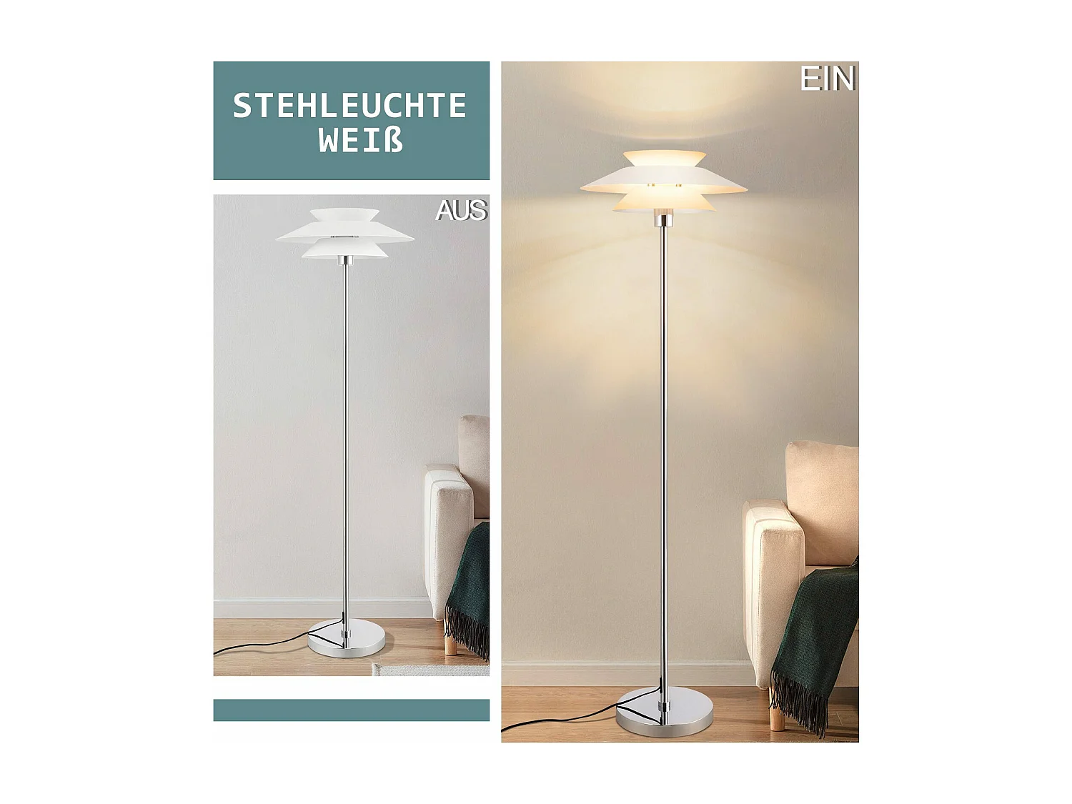 NETTLIFE Lámpara de pie para salón, lámpara de pie E27 1 llama blanca moderna, diseño industrial vintage | Altura 145 cm | Bombilla no incluida