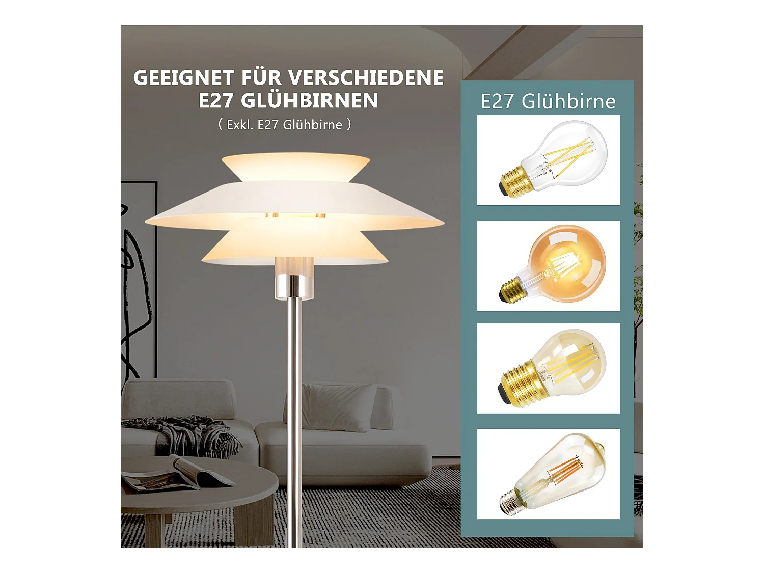 NETTLIFE Lampe sur pied pour salon, lampadaire E27 1 flamme blanc moderne, design vintage industriel | Hauteur 145 cm | Ampoule non incluse