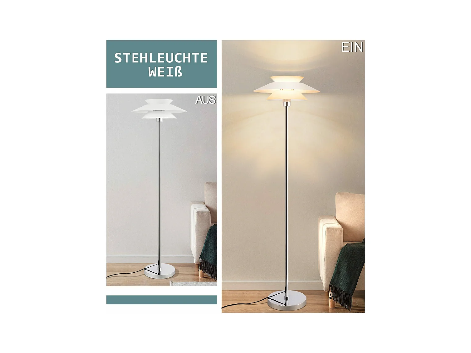 NETTLIFE Lampe sur pied pour salon, lampadaire E27 1 flamme blanc moderne, design vintage industriel | Hauteur 145 cm | Ampoule non incluse