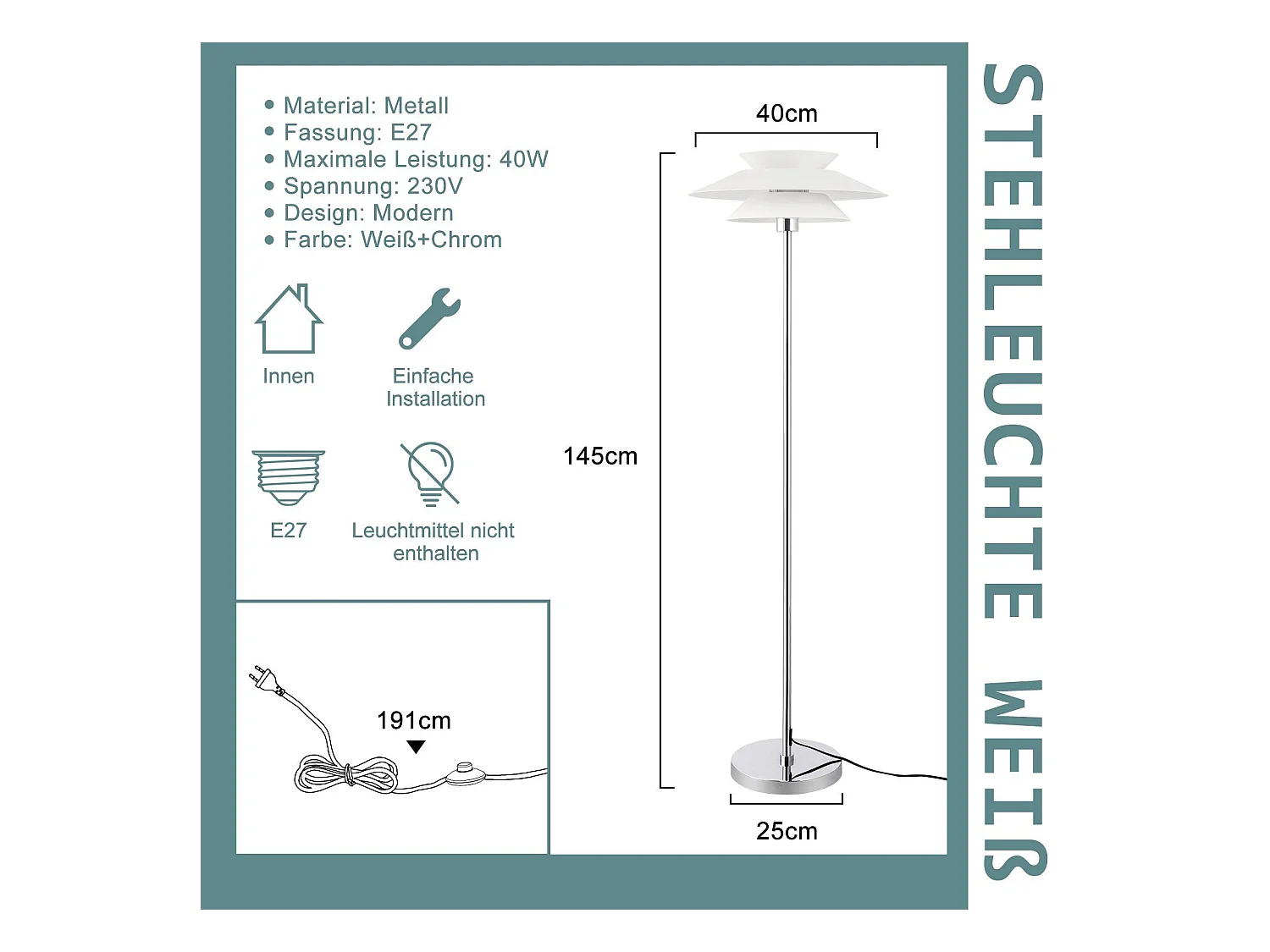 NETTLIFE Lampe sur pied pour salon, lampadaire E27 1 flamme blanc moderne, design vintage industriel | Hauteur 145 cm | Ampoule non incluse