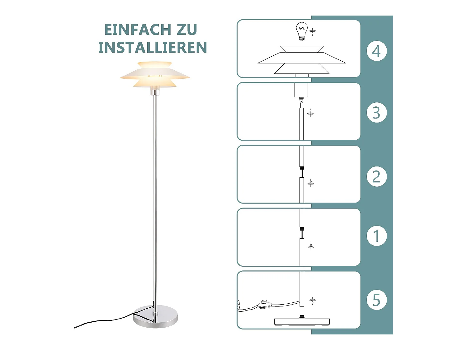 NETTLIFE Lampe sur pied pour salon, lampadaire E27 1 flamme blanc moderne, design vintage industriel | Hauteur 145 cm | Ampoule non incluse