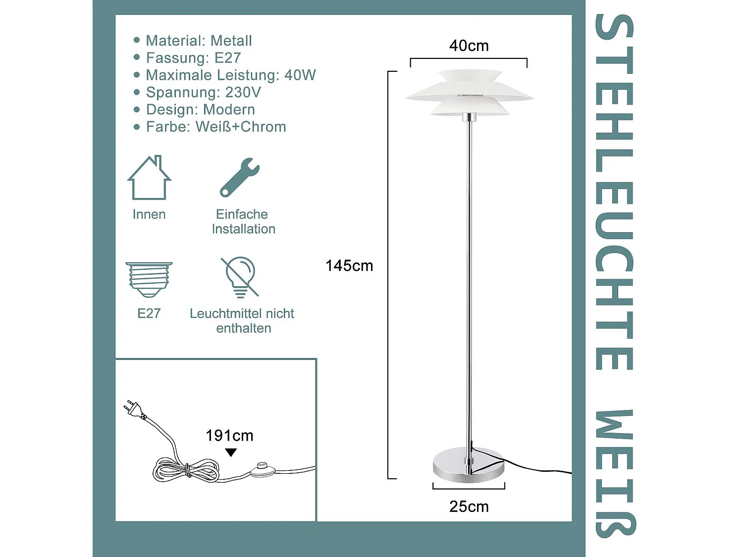 NETTLIFE Lámpara de pie para salón, lámpara de pie E27 1 llama blanca moderna, diseño industrial vintage | Altura 145 cm | Bombilla no incluida