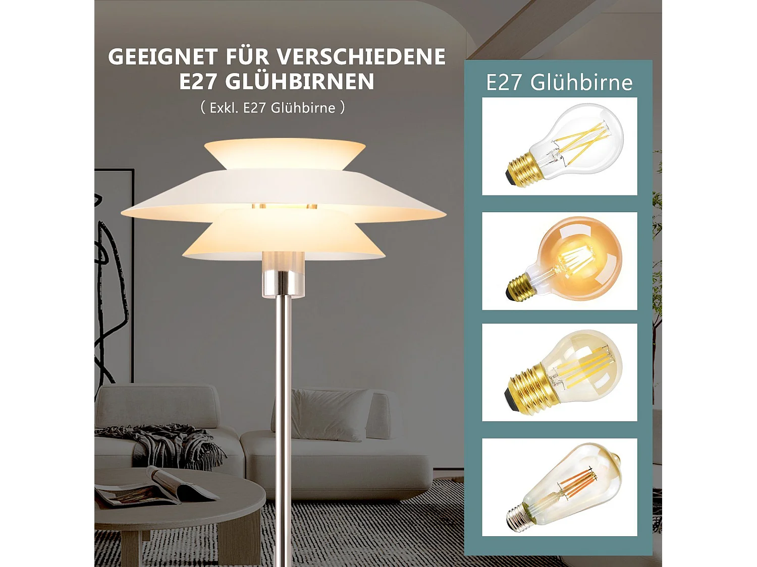 NETTLIFE Lampe sur pied pour salon, lampadaire E27 1 flamme blanc moderne, design vintage industriel | Hauteur 145 cm | Ampoule non incluse