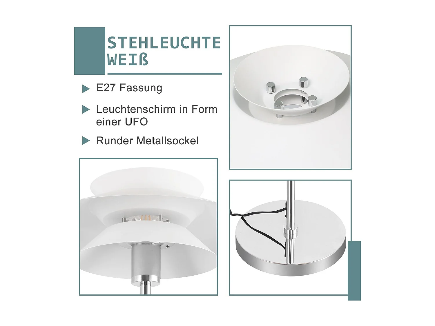 NETTLIFE Lampe sur pied pour salon, lampadaire E27 1 flamme blanc moderne, design vintage industriel | Hauteur 145 cm | Ampoule non incluse