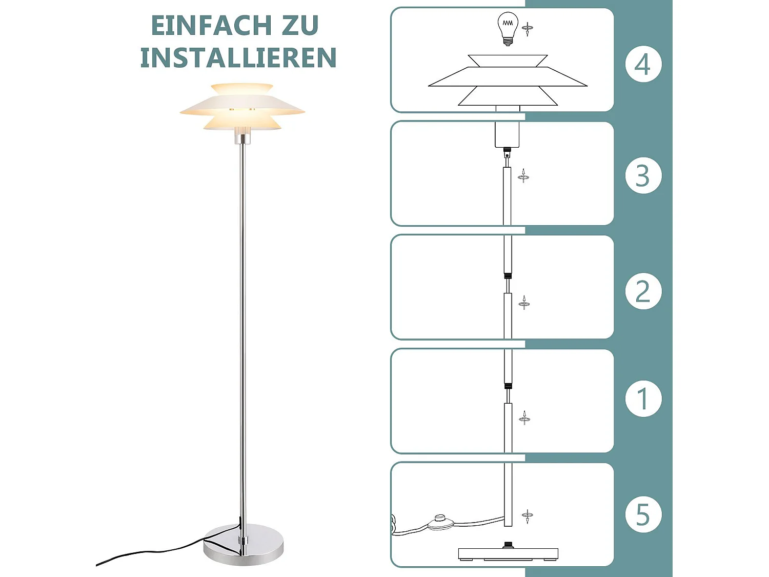 NETTLIFE Lampe sur pied pour salon, lampadaire E27 1 flamme blanc moderne, design vintage industriel | Hauteur 145 cm | Ampoule non incluse