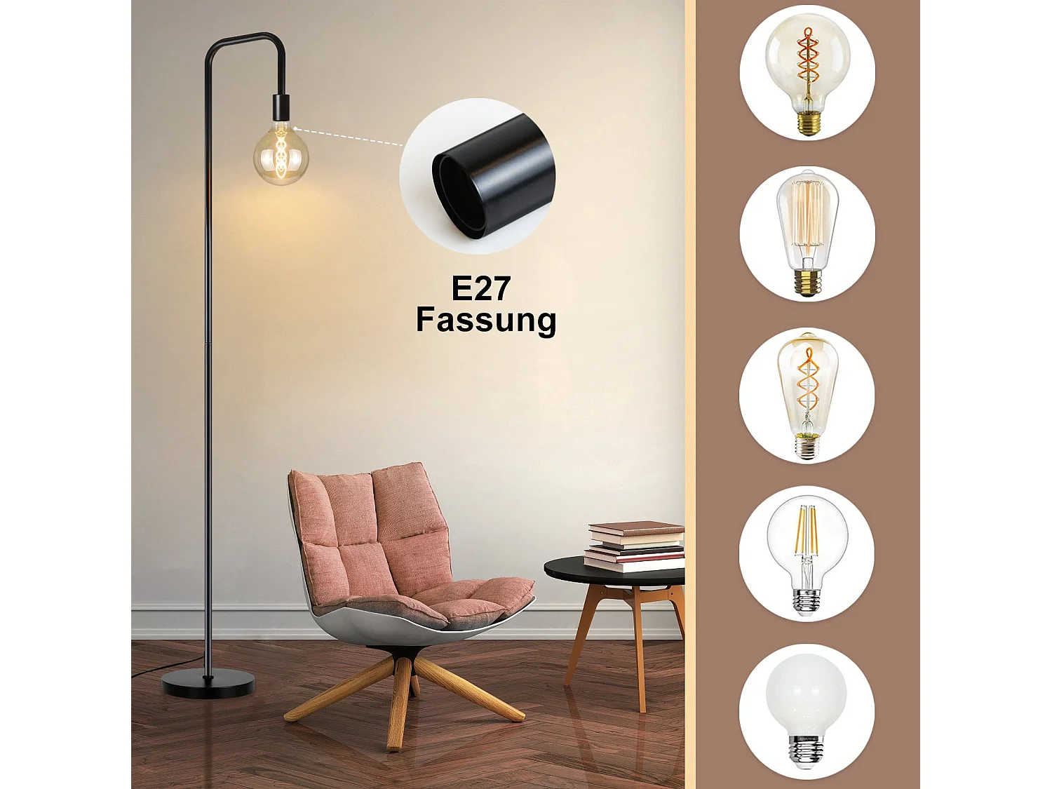 NETTLIFE Lampadaire Salon Vintage Lampadaire noir avec interrupteur à pied Métal industriel E27 Lampadaire design Lampe de salon