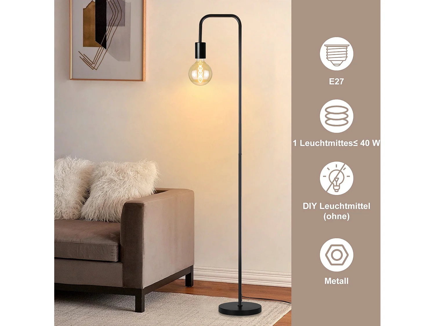 NETTLIFE Lampadaire Salon Vintage Lampadaire noir avec interrupteur à pied Métal industriel E27 Lampadaire design Lampe de salon