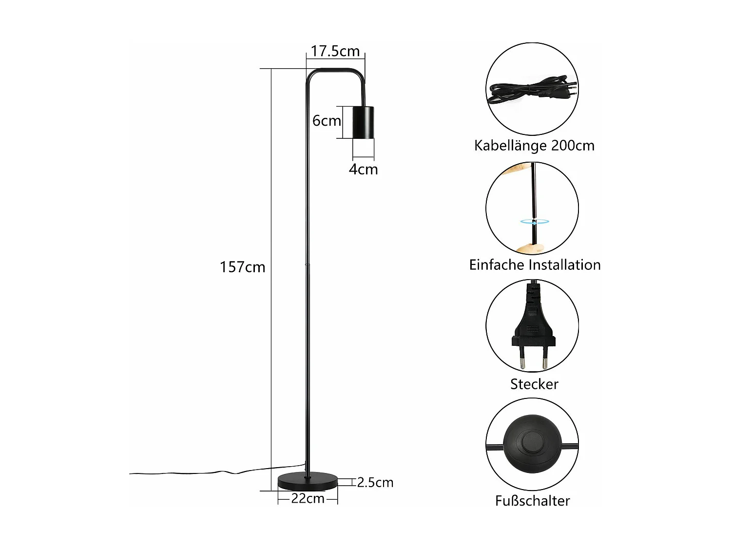 NETTLIFE Lampadaire Salon Vintage Lampadaire noir avec interrupteur à pied Métal industriel E27 Lampadaire design Lampe de salon