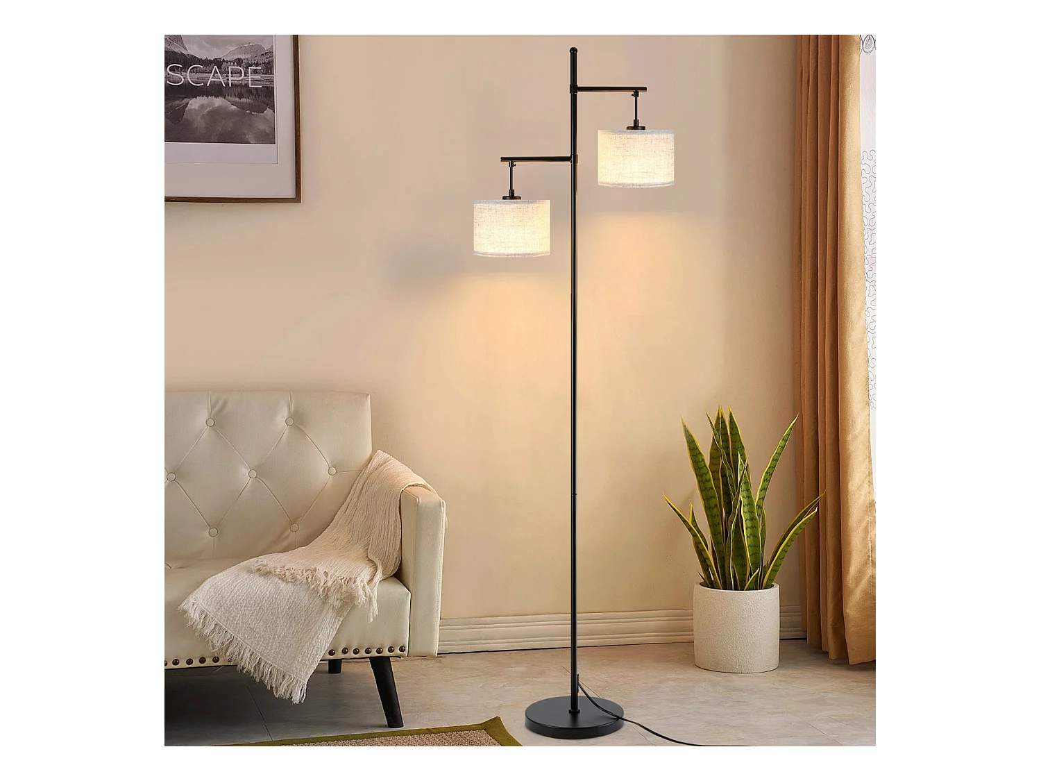 NETTLIFE Lampadaire Salon Moderne - Noir E27 Vintage 2 Flammes Lampe de Lit Blanc Tissu Design Lampadaire de lecture 25W avec interrupteur à pied
