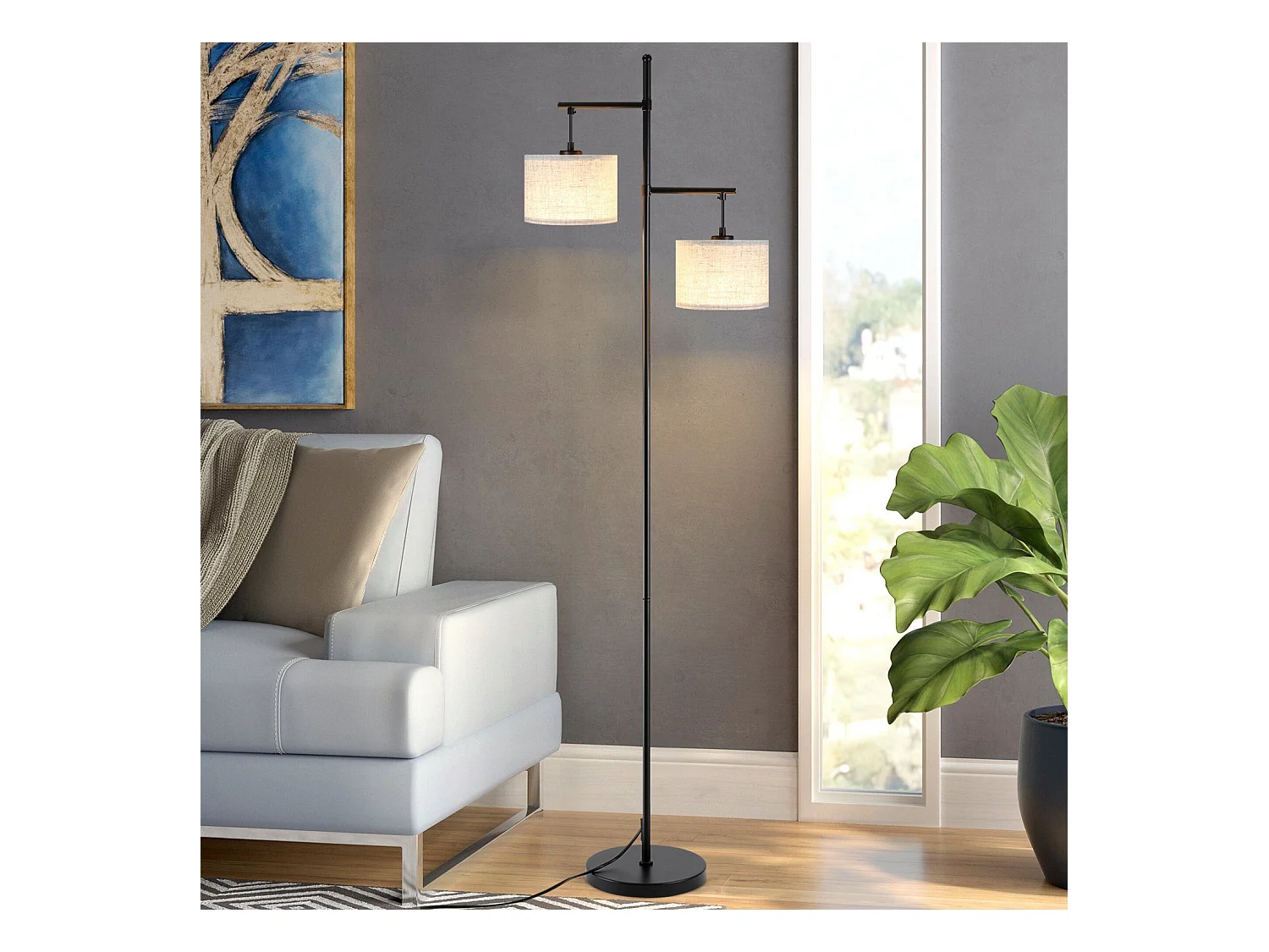NETTLIFE Lampadaire Salon Moderne - Noir E27 Vintage 2 Flammes Lampe de Lit Blanc Tissu Design Lampadaire de lecture 25W avec interrupteur à pied