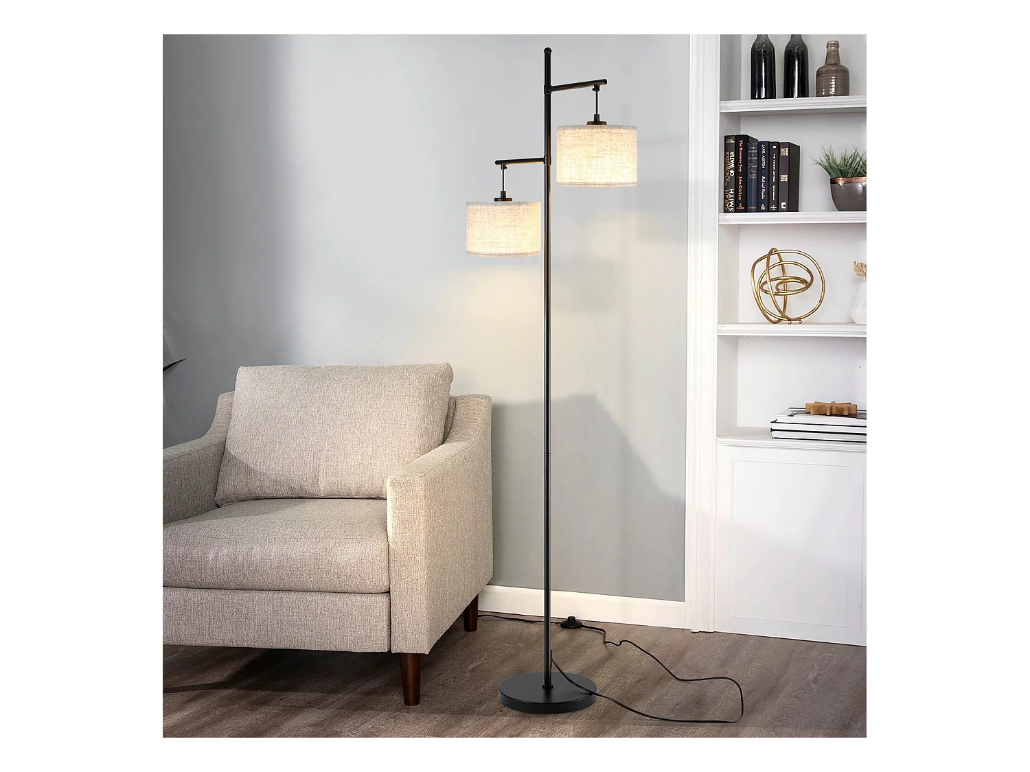 NETTLIFE Lampadaire Salon Moderne - Noir E27 Vintage 2 Flammes Lampe de Lit Blanc Tissu Design Lampadaire de lecture 25W avec interrupteur à pied