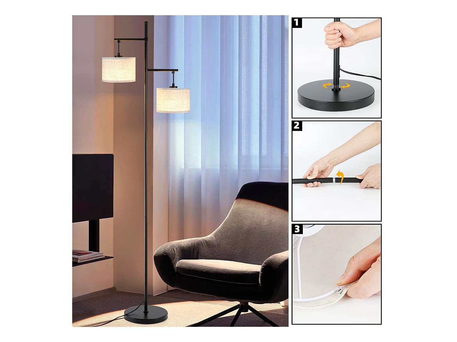 NETTLIFE Lampadaire Salon Moderne - Noir E27 Vintage 2 Flammes Lampe de Lit Blanc Tissu Design Lampadaire de lecture 25W avec interrupteur à pied