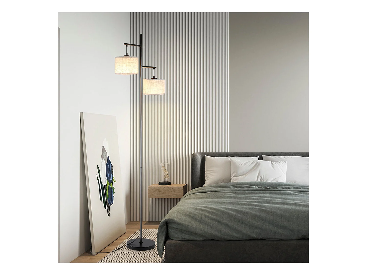 NETTLIFE Lampadaire Salon Moderne - Noir E27 Vintage 2 Flammes Lampe de Lit Blanc Tissu Design Lampadaire de lecture 25W avec interrupteur à pied