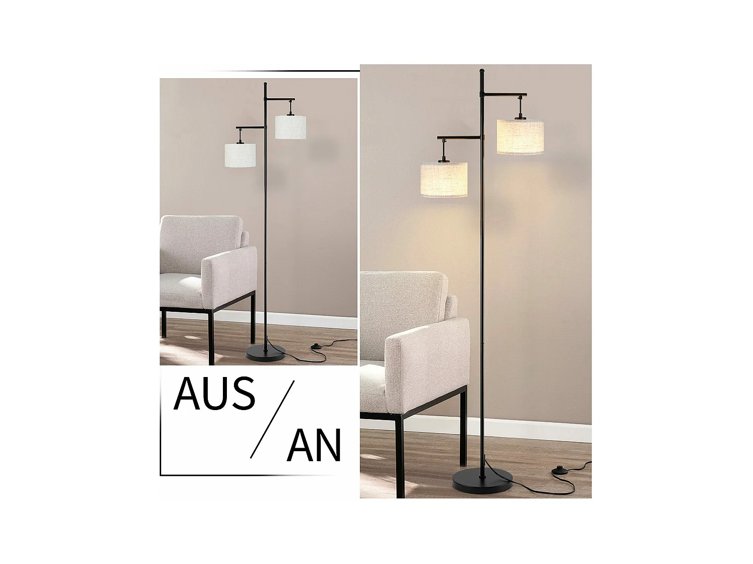 NETTLIFE Lampadaire Salon Moderne - Noir E27 Vintage 2 Flammes Lampe de Lit Blanc Tissu Design Lampadaire de lecture 25W avec interrupteur à pied