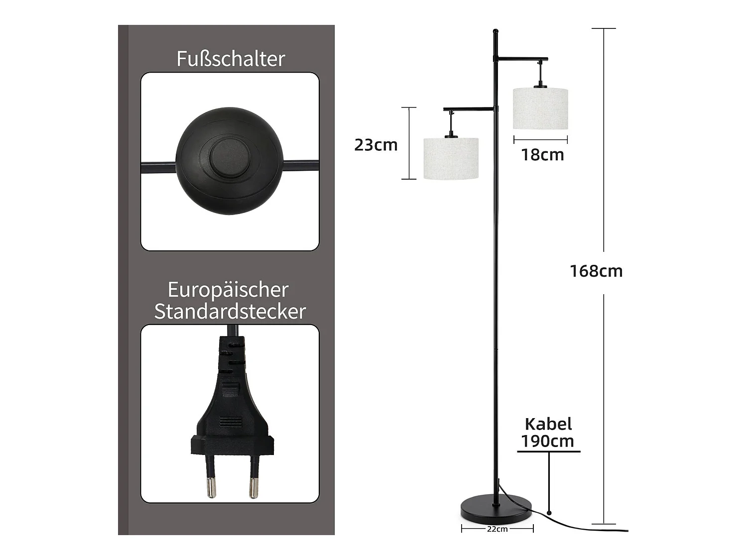 NETTLIFE Lampadaire Salon Moderne - Noir E27 Vintage 2 Flammes Lampe de Lit Blanc Tissu Design Lampadaire de lecture 25W avec interrupteur à pied