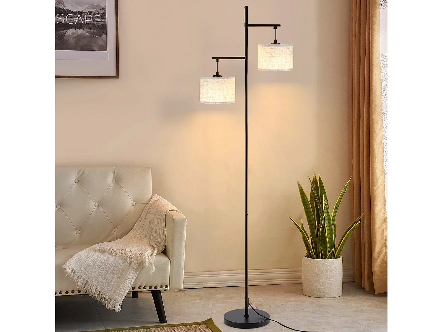 NETTLIFE Lampadaire Salon Moderne - Noir E27 Vintage 2 Flammes Lampe de Lit Blanc Tissu Design Lampadaire de lecture 25W avec interrupteur à pied