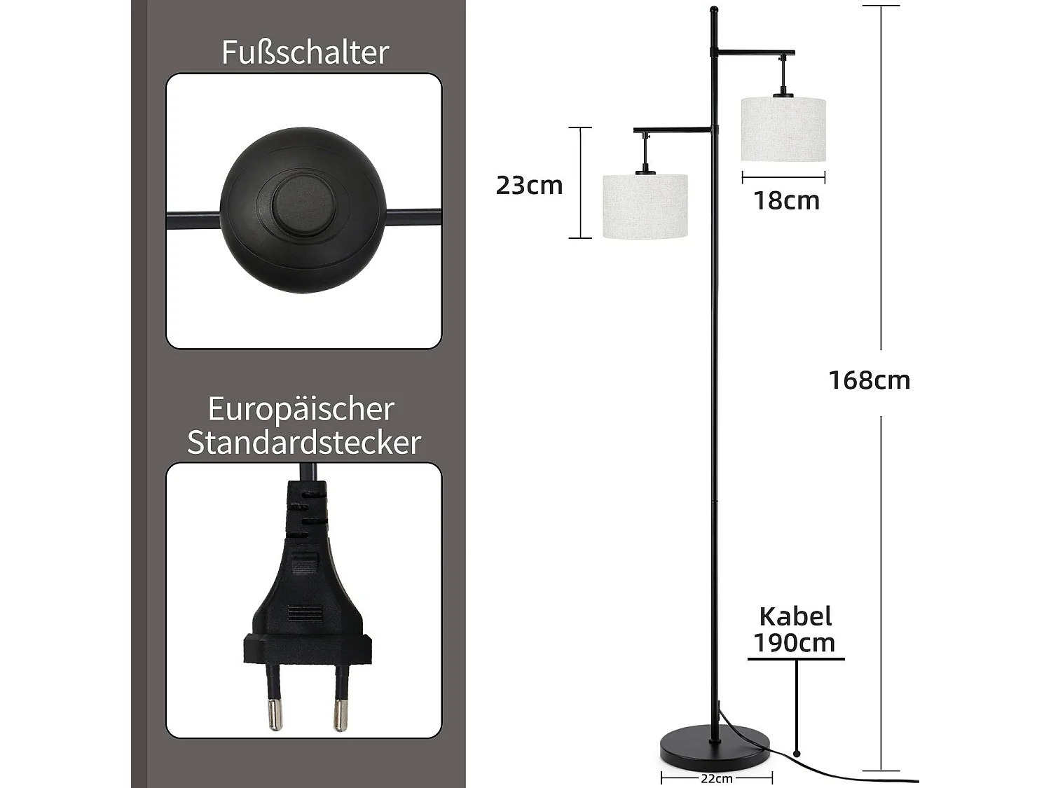 NETTLIFE Lampadaire Salon Moderne - Noir E27 Vintage 2 Flammes Lampe de Lit Blanc Tissu Design Lampadaire de lecture 25W avec interrupteur à pied