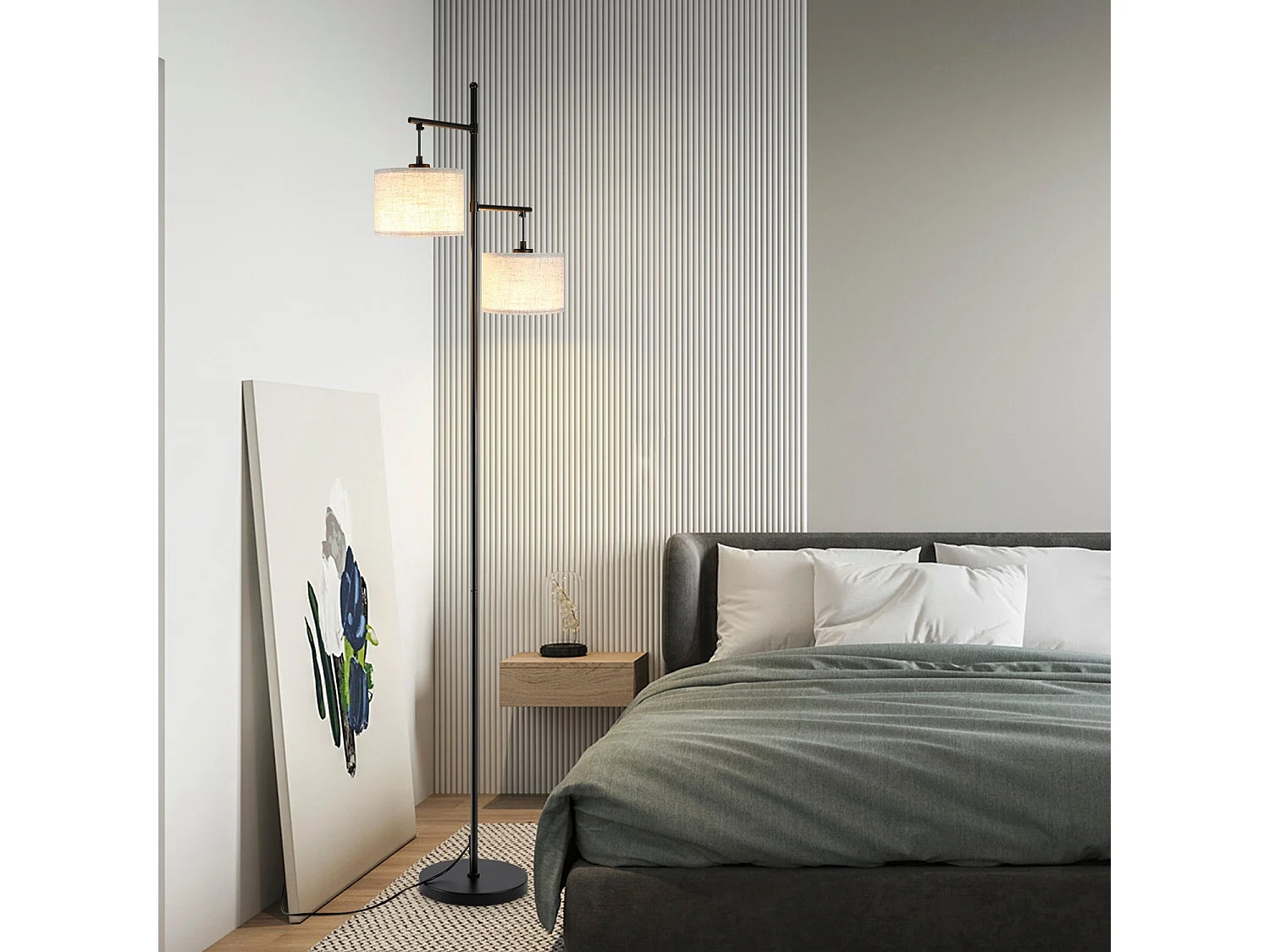 NETTLIFE Lampadaire Salon Moderne - Noir E27 Vintage 2 Flammes Lampe de Lit Blanc Tissu Design Lampadaire de lecture 25W avec interrupteur à pied