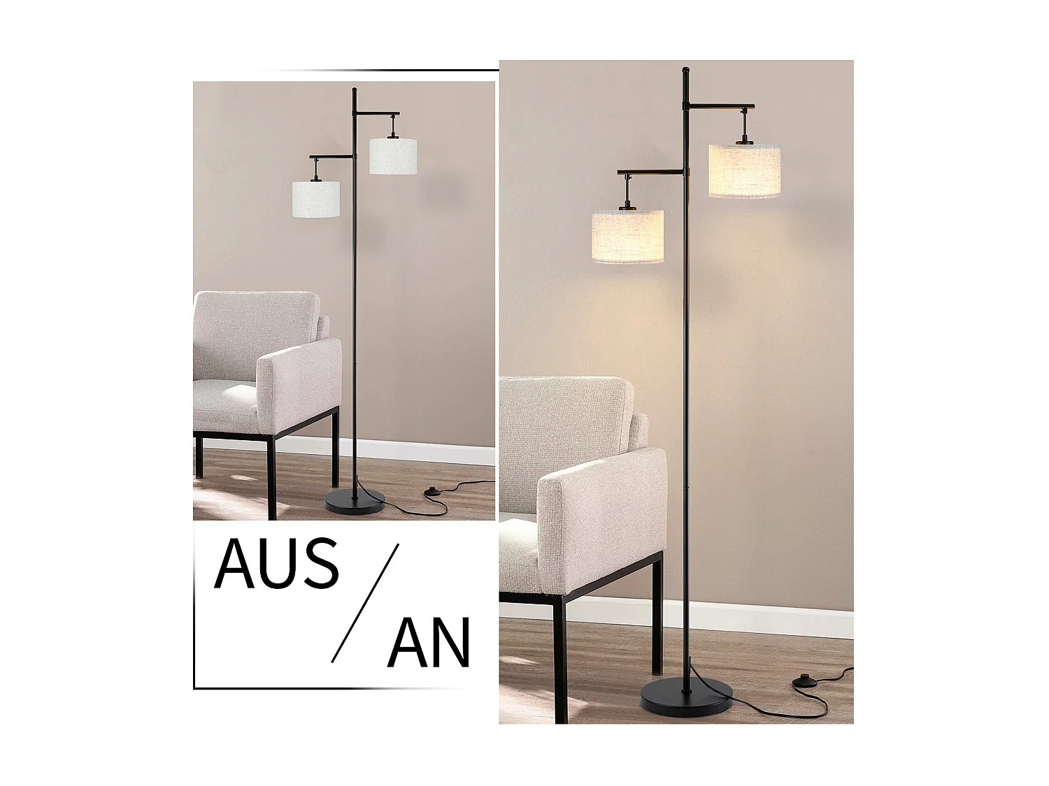 NETTLIFE Lampadaire Salon Moderne - Noir E27 Vintage 2 Flammes Lampe de Lit Blanc Tissu Design Lampadaire de lecture 25W avec interrupteur à pied