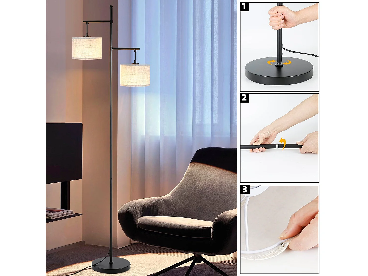 NETTLIFE Lampadaire Salon Moderne - Noir E27 Vintage 2 Flammes Lampe de Lit Blanc Tissu Design Lampadaire de lecture 25W avec interrupteur à pied