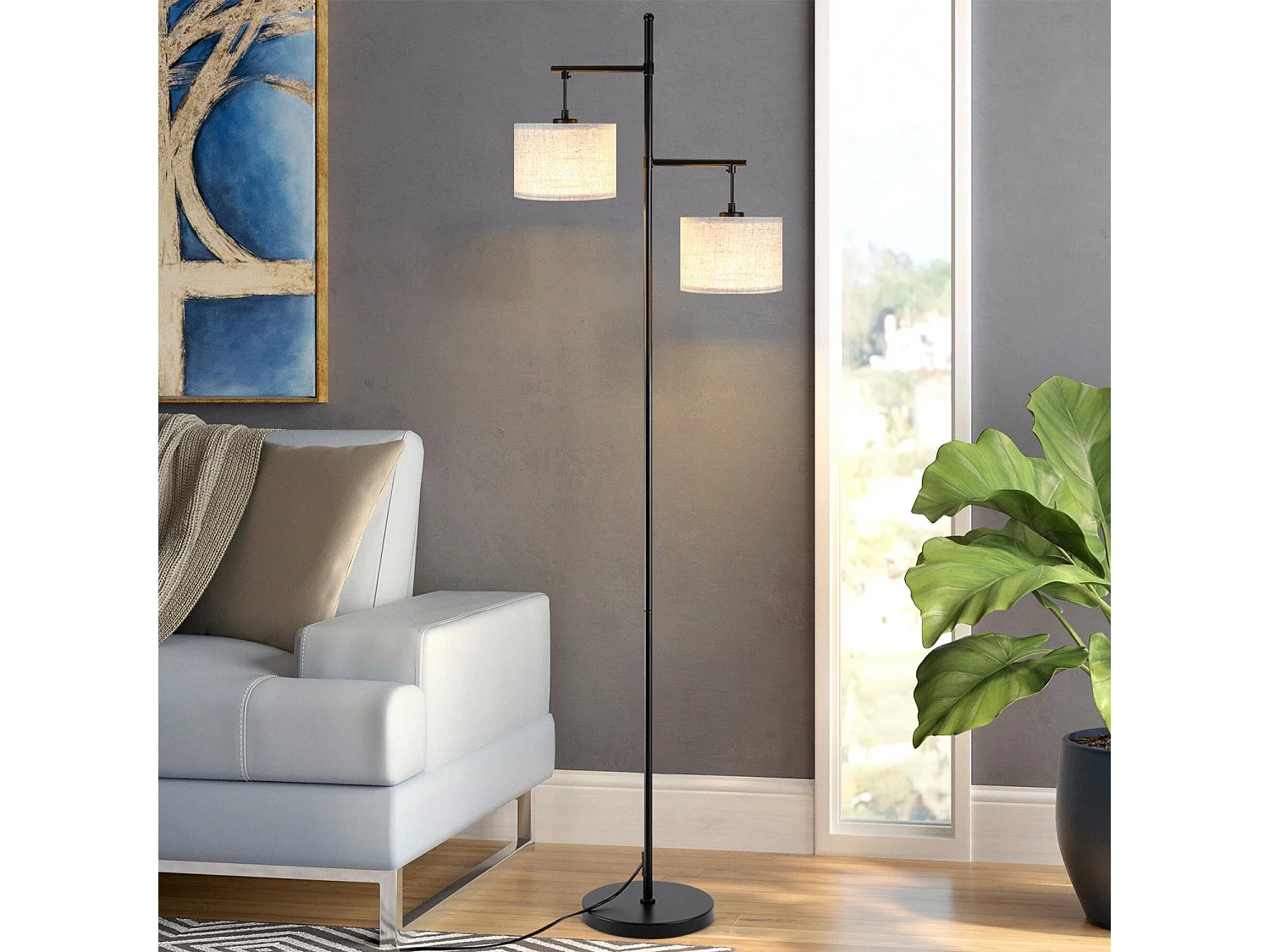 NETTLIFE Lampadaire Salon Moderne - Noir E27 Vintage 2 Flammes Lampe de Lit Blanc Tissu Design Lampadaire de lecture 25W avec interrupteur à pied