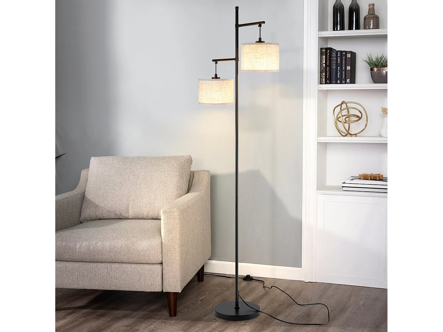 NETTLIFE Lampadaire Salon Moderne - Noir E27 Vintage 2 Flammes Lampe de Lit Blanc Tissu Design Lampadaire de lecture 25W avec interrupteur à pied