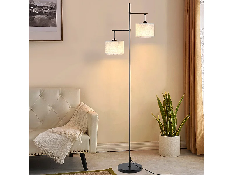 NETTLIFE Lampadaire Salon Moderne - Noir E27 Vintage 2 Flammes Lampe de Lit Blanc Tissu Design Lampadaire de lecture 25W avec interrupteur à pied