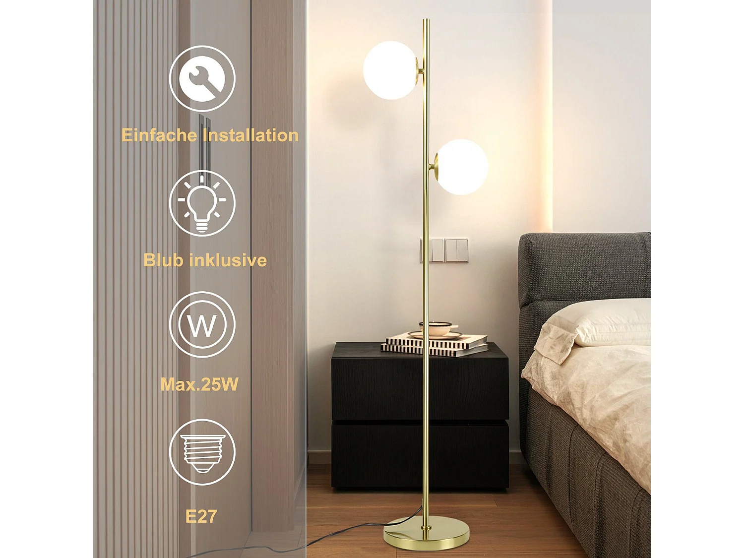 NETTLIFE Lampadaire Salon Moderne  - Gold Design Lampadaire E27 Douille Lampe de sol avec interrupteur à pied -166cm