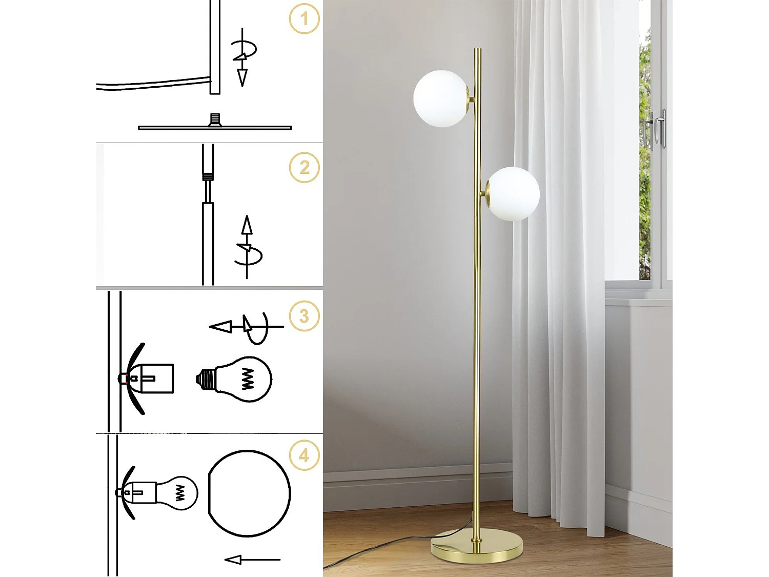 NETTLIFE Lampadaire Salon Moderne  - Gold Design Lampadaire E27 Douille Lampe de sol avec interrupteur à pied -166cm