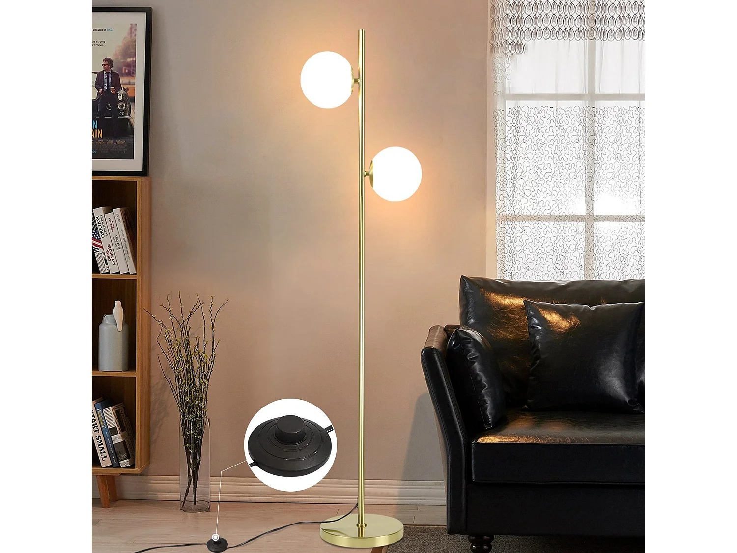 NETTLIFE Lampadaire Salon Moderne  - Gold Design Lampadaire E27 Douille Lampe de sol avec interrupteur à pied -166cm