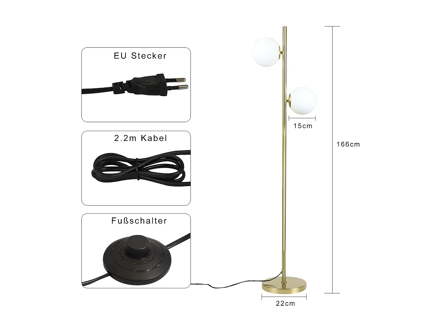 NETTLIFE Moderne woonkamerlamp - Goudontwerp lamp met E27-holder, voetschakelaar en een hoogte van 166 cm.