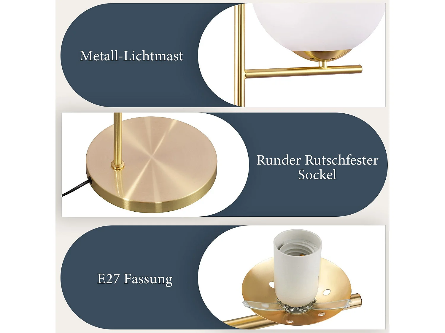 NETTLIFE Industriële gouden lamp met voetschakelaar, witte glas - metaal design, E27 vintage voetlamp, 2 meter kabel.